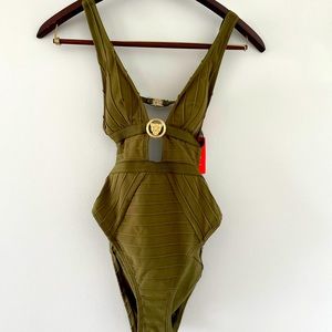 River Island Ribbed Plunge One-Piece in Khaki